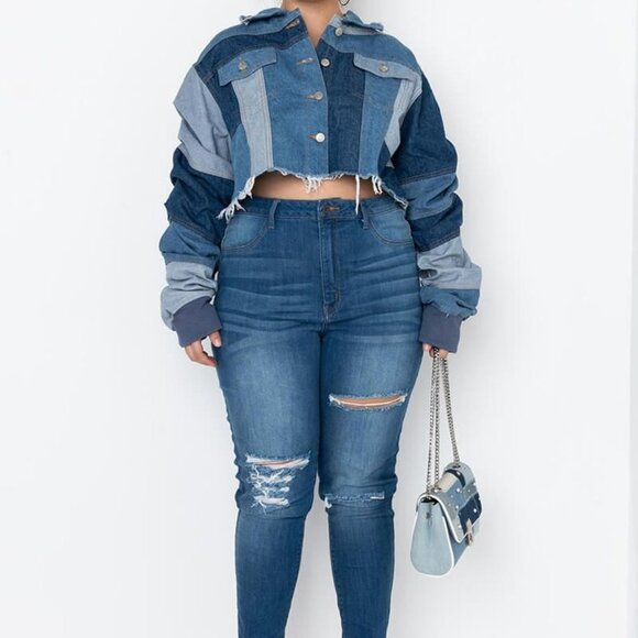 AZALEA WANG PLUS  ALL PATCHED UP PATCHWORKED  CROP DENIM JACKET ( BRAND NEW ! ) - Picture 4 of 9